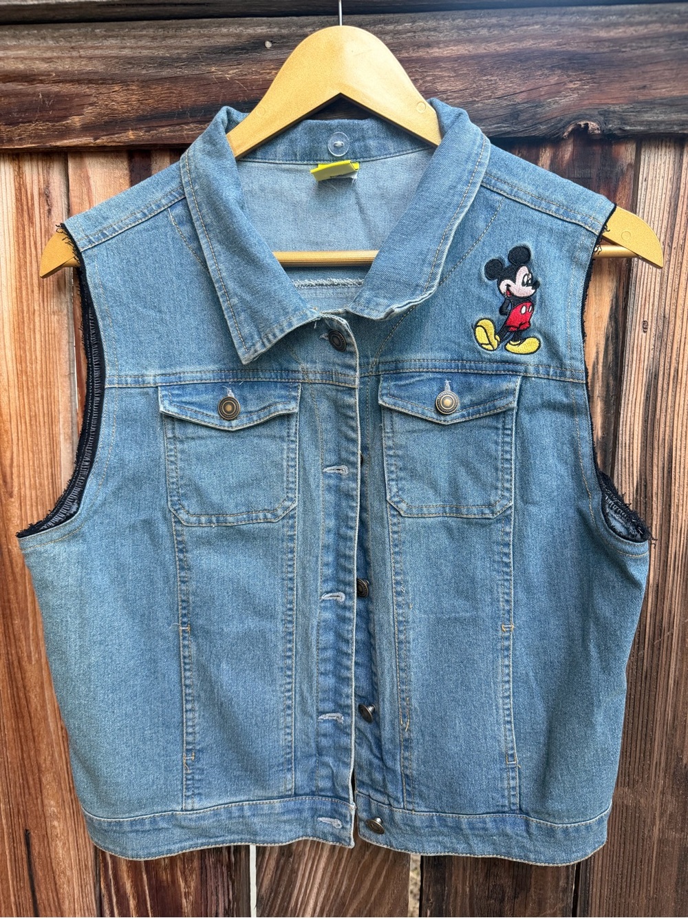 Mickey Mouse Embroidered Denim Vest with Frayed Sleeves